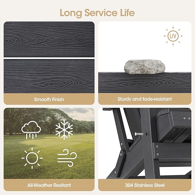 Adjustable Backrest Folding Adirondack Chair Set of 2, Adirondack Chair with Ottoman, Weather Resistant Fire Pit Chair with 2 Cup Holders, for Porch Backyard Outdoor Lawn Pool Deck Beach, Black