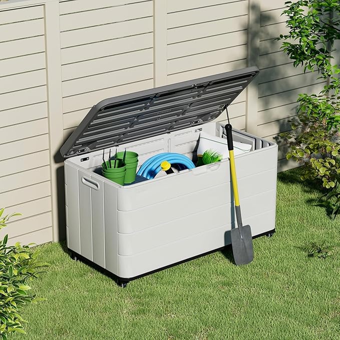 100GAL White Resin Deck Box with Wheels – Lockable, Waterproof, SGS-Tested UV Resistance, Spacious Outdoor Storage for Patio Cushions & Pool Gear, Easy Assembly