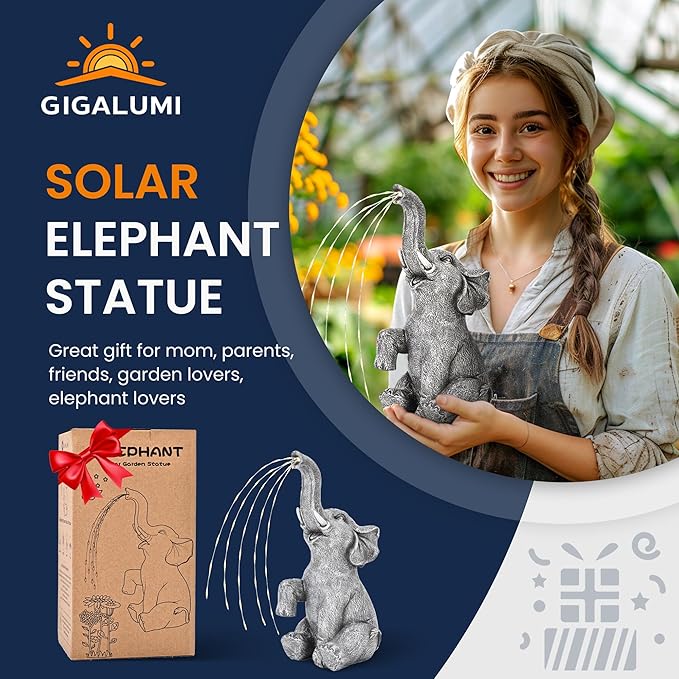 GIGALUMI Solar Garden Decor Watering Elephant Statues Outdoor, Birthday Gifts for Women Mom Grandma Senior Elder, Elephant Ornament for Balcony, Garden, Patio, Yard, Lawn (Twinkling Lights Only)