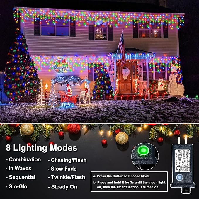 Icicle Lights for Outside, 33FT 400 LED Christmas Lights Outdoor Indoor with 8 Modes 75 Drops, Waterproof Connectable Twinkle String Light for Patio Yard Garden Wedding Party Decor, Multicolor