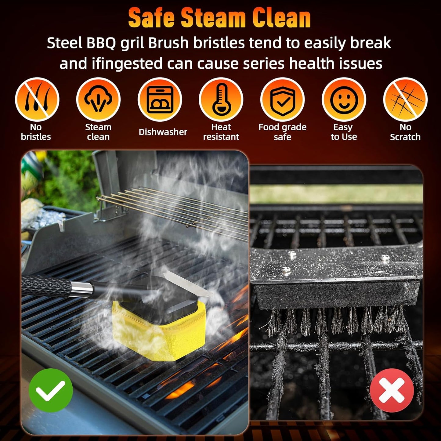 Bristle-Free Steam Cleaning Grill Brush, Safe for All Grill Griddle, Heat-Resistant Head, BBQ Grilling Gift for Men