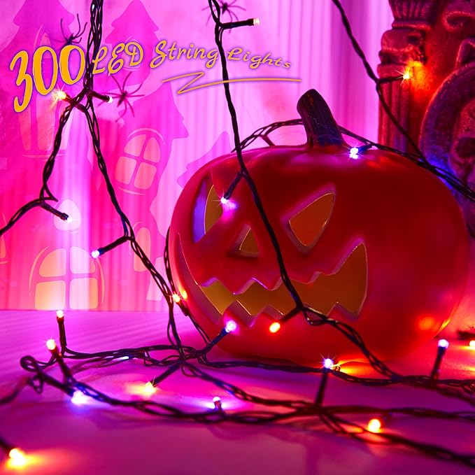 Halloween 300 LED String Lights,105FT String Lights with 8 Modes&Timer Function, Purple and Orange Halloween Lights Plug in for Party Carnival Supplies, Outdoor/Indoor Yard Garden Decor