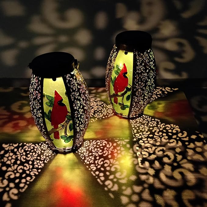 2PCS Cardinal Solar Lanterns Glass & Metal Hanging Light Outdoor Waterproof 16" H Tabletop Lamp with Hollowed-Out Design with Shepherd's Hooks for Garden Patio Table Decor, Green