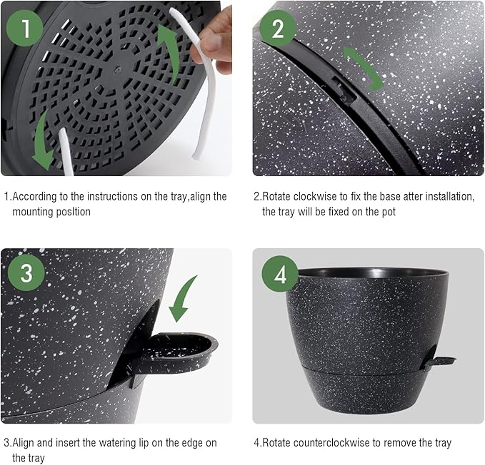 WOUSIWER 10 inch Self Watering Planters, 2 Pack Large Plastic Plant Pots with Deep Reservior and High Drainage Holes for Indoor Outdoor Plants and Flowers, Speckled Black