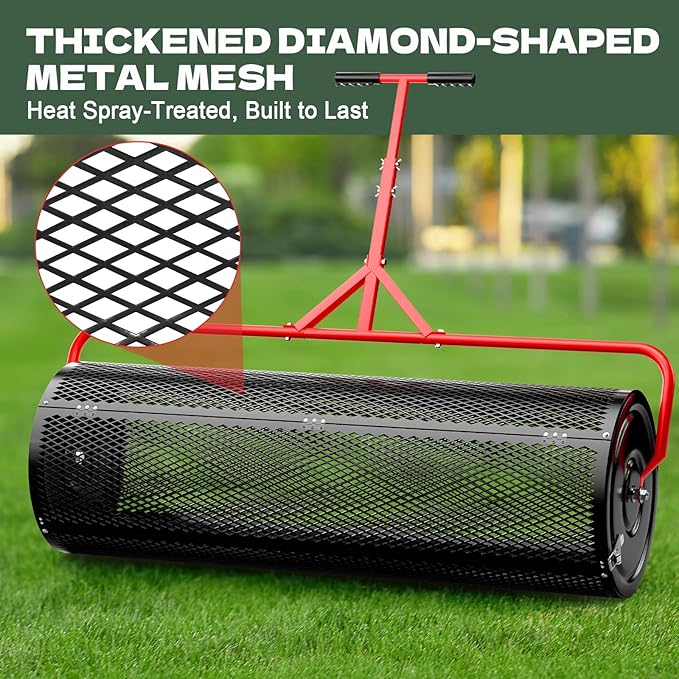 Compost Peat Moss Spreader for Lawn, 44 Inch Compost Roller Spreader with Adjustable T-Shaped Handle, Upgraded Side Clasps, Durable Lightweight Metal Roller, Lawn Garden Yard Care