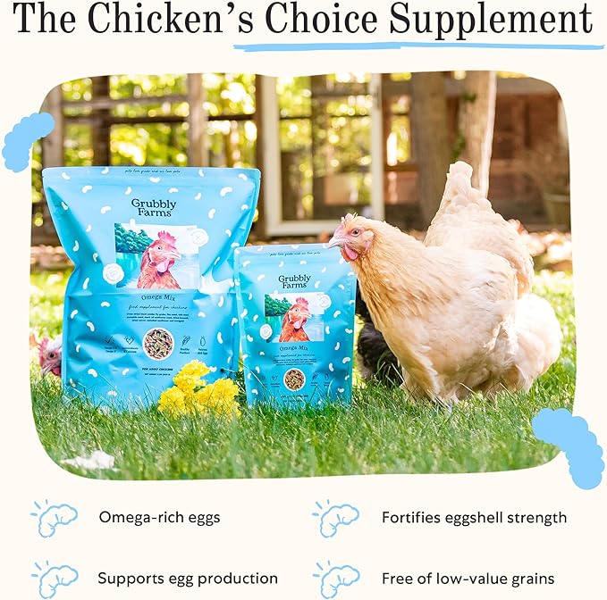 Grubbly Farms Omega Mix Chicken Treats for Laying Hens - Superfood and Omega-Rich Chicken Feed Supplement to Support Egg Production, Strong Eggshells and Nutritious Yolks - 1LB