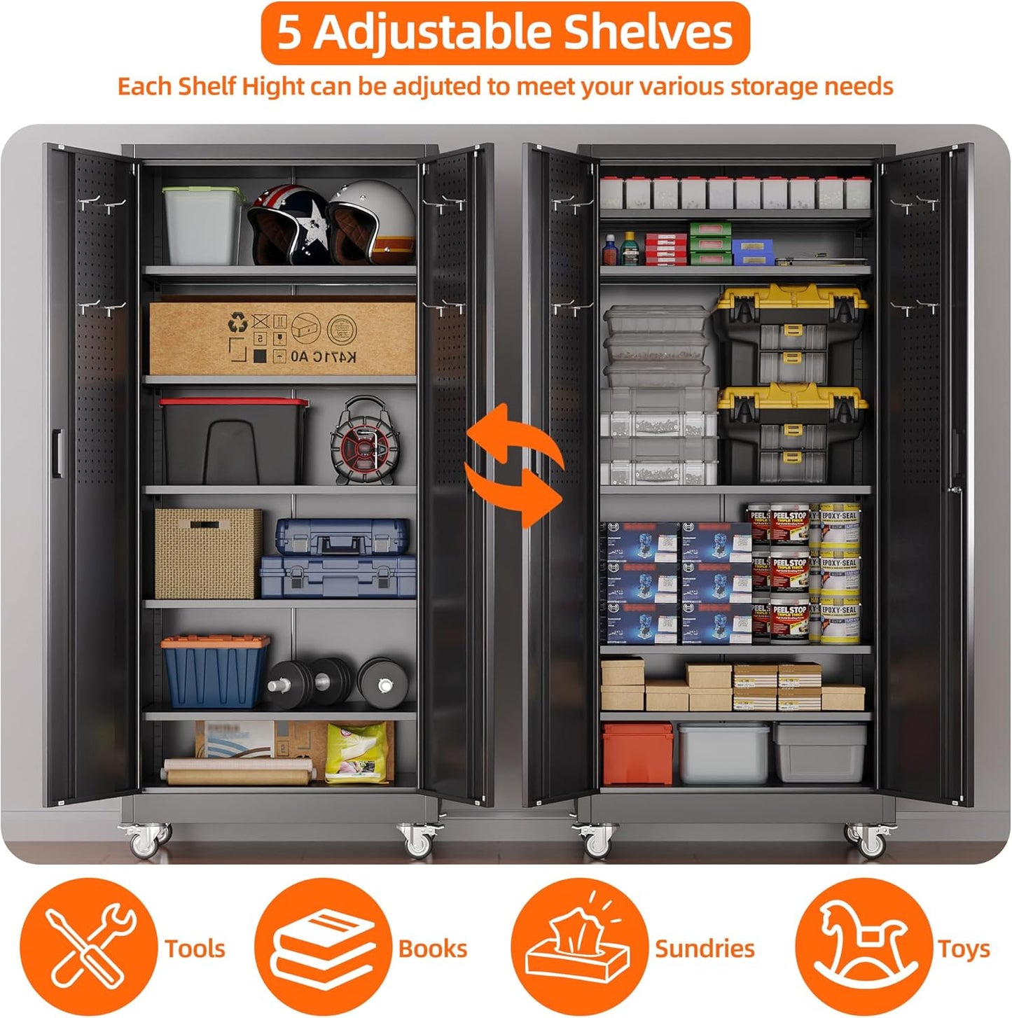 Aobabo 71" H×32" W×16" D Metal Storage Cabinet with Wheels, Garage Steel Storage Cabinet with 5 Adjustable Shelves and 4 Hooks for Home Office, Kitchen, Assembly Required, Black