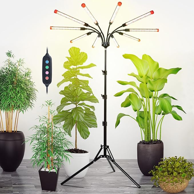 10-Head Grow Lights for Indoor Plants with Stand 90W, LED Plant Grow Light for Tall Houseplants, Bonsai Tree, Full Spectrum Growing Lamp with 4,8,12 Hr Timer, 24"-64" Adjustable Height