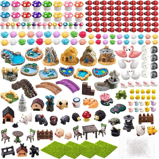 Yalikop 240 Pcs Miniature Garden Accessories, Including Animals, Mini Houses, Table and Chairs and Dollhouse Decoration, Miniature Figurines, Micro Landscape Ornaments, Garden DIY Kit, Birthday Gift