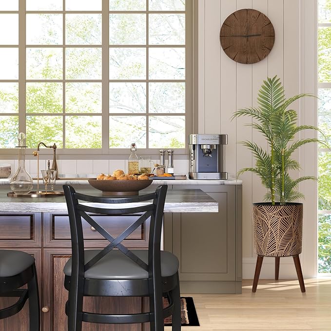 12inch Black Plant Pots for Indoor Plants Large Boho Flower Pot with Stand Modern Planters with Gold Floral Embossed Standing Planter with Drainage for Living Room, Office, Garden or Balcony