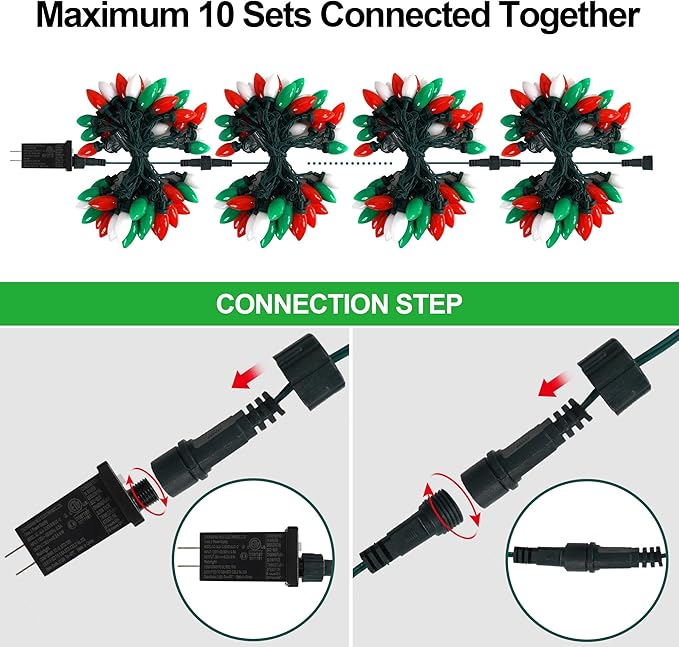 HAYATA C9 Bulbs Christmas Lights 50 LED 36ft Strawberry String Light Red&White&Green - Fairy Lighting for Outdoor, Indoor, Garden, Yard, Party, Home, Wreath, Garland, Christmas Tree Decorations