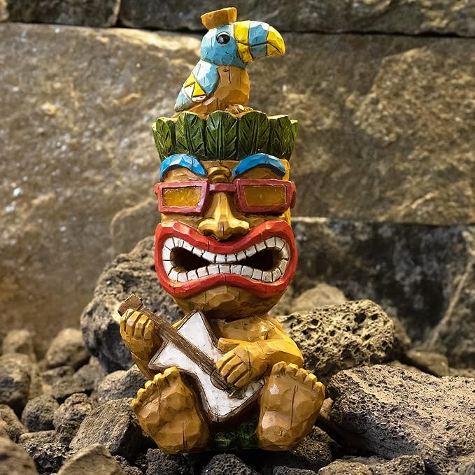 Solar Tiki Statue Decor-Outdoor Statues-Funny Guitar - Tiki Bird Tiki Bar Decorations 11.69 inch Tall for Outdoor Patio, Balcony, Yard, Backyard,Lawn,Tiki Gifts