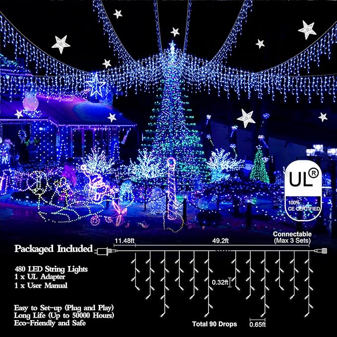 480 LED 49FT Christmas Lights Plug in 8 Modes with Timer Dimmable Christmas Decorations Outdoor Waterproof Indoor Curtain String Lights for Roof Porch Garden Holiday Wedding Party Decor Blue