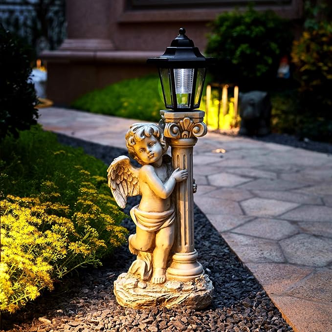 Angel Statue with Solar Lights (Left) 19.7 Inch, Solar Cherub Angel Garden Statue with Roma Pillar for Garden Decor, Porch, Patio, Yard Art Decorations, Polyresin