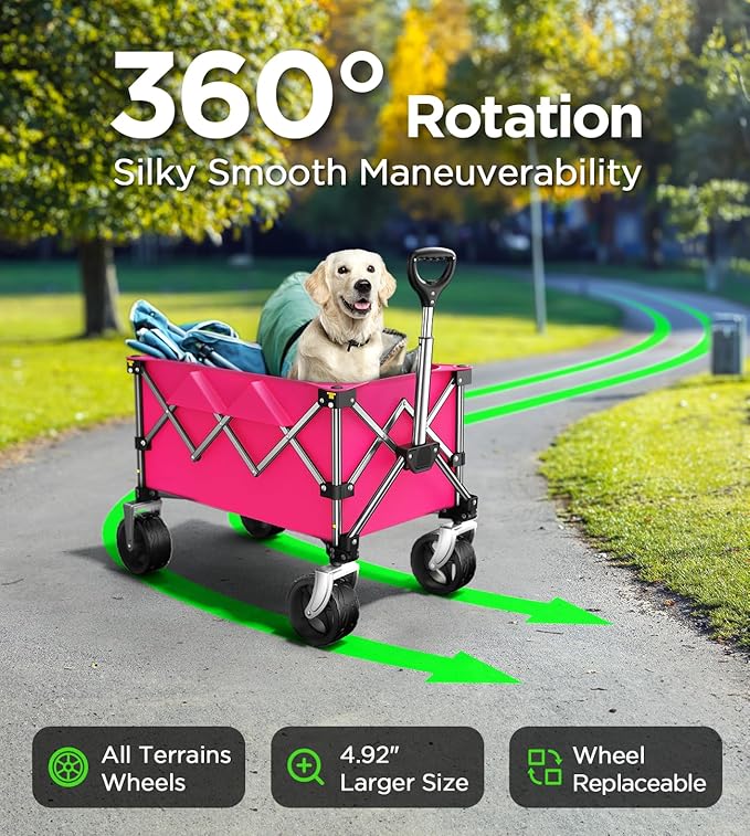 Beach Wagon,Collapsible-Wagon 220lbs with Big Wheels FoldableWagon Carts,Portable Utility for Garden Grocery Sports Camping All Terrain-Pink