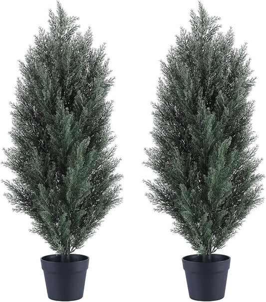 THE BLOOM TIMES 3ft Topiary Trees Artificial Outdoor 2 Pack – UV Resistant Faux Cedar Pine Cypress Bushes and Shrubs, Fake Potted Plants for Front Porch Outside Planter Patio Decor, Set of 2 (3 Foot)