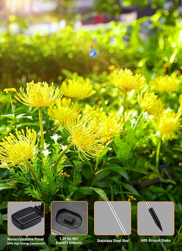 Brightown Outdoor Solar Garden Lights - 4 Pack LED Solar Flower Lights with Glowing Flowers & Stems, More Realistic, Bigger Solar Panel, Waterproof Solar Lights for Outside Yard Patio Home, Yellow