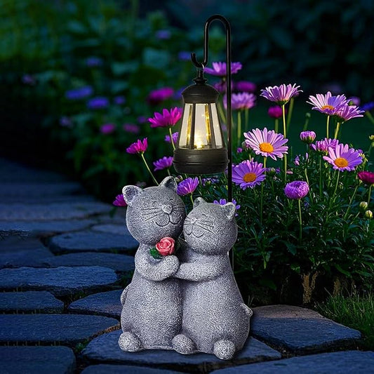Cat Garden Statues with Solar Lantern Romantic Resin Kitty Couple Holding Rose Funny Cat Decor Gifts for Women Cats Figurines for Yard Lawn Porch Patio Decor