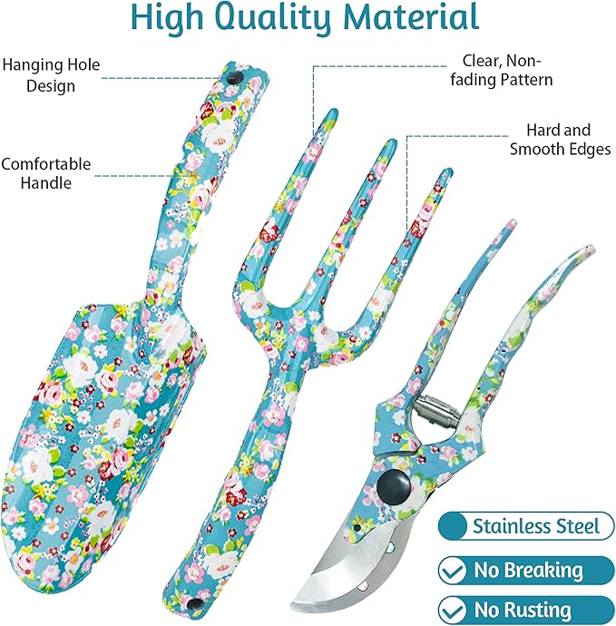 Garden Tool Set Gardening Hand Tools Kit, Floral Sturdy Garden Gifts, 4 PCS Heavy Duty Shovel Kit Including Trowel, Sharp Pruner, Hand Rake, and Mat (Blue Set)