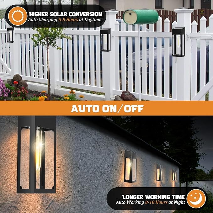 GOODFOEVER Solar Outdoor Lights Waterproof, 4 Pack Fence Lights Solar Powered with LED Bulbs, Metal Wall Lights for Garden Porch Patio Yard and Garage, Aluminum and Glass Shade (Wall Light 4 Pack)