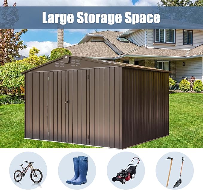 Domi Outdoor Storage Shed 10' x 8’, Metal Garden Shed with Galvanized Steel Frame for Bike, Tools, Lawn Mowers, Pool Toys, Outdoor Storage Cabinet with Lockable Door for Garden Lawn Patio (Dark Brown)
