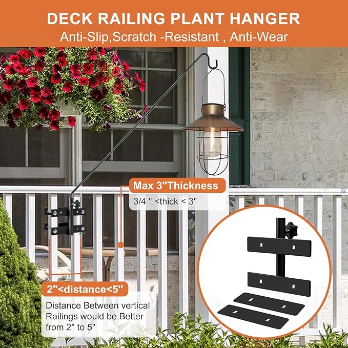 Heavy Duty Deck Hook-Deck Railing Plant Hanger, 29 to 43 Inch Extended Bird Feeder Hanger W/Double Clamps,Versatile Deck Shepherd Hook for Hanging Bird Feeders,Lanterns,Planters etc.