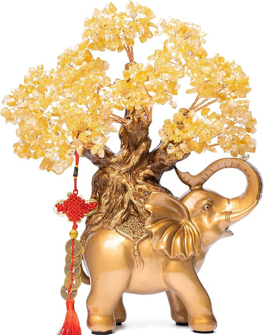 Citrine Crystal Money Tree on Gold Elephant Statue, 17”Large Gemstone Bonsai Tree of Life Home Décor Gifts for Wealth Positive Energy, Feng Shui Décor