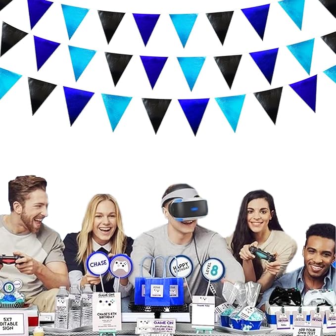 Black Blue Party Decorations Metallic Fabric Triangle Pennant Banner Flag Bunting Garland for Video Game Nautical Birthday Graduations Retirement Wedding Bachelorette Outdoor Holiday Party Supplies