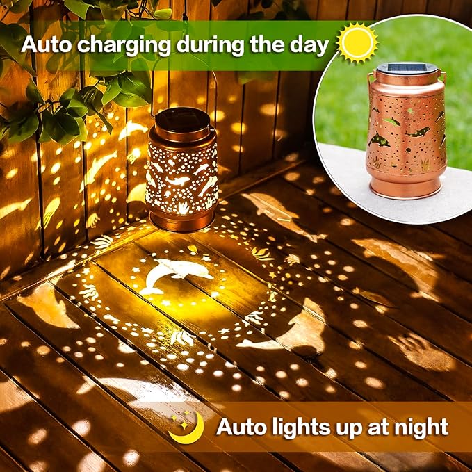 Dolphin Solar Lanterns Outdoor Waterproof Hanging Solar Lights Dolphin Gifts for Women Men Metal Decorative LED Dolphin Lanterns for Garden Decor,Yard,Patio,Lawn,Tabletop,Pathway,Landscape