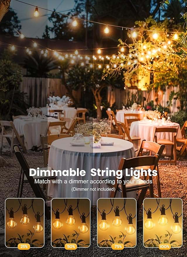 Brightown Outdoor String Lights - Connectable Dimmable LED Patio String Lights with G40 Globe Plastic Bulbs, All Weatherproof Hanging Lights for Outside Backyard Porch (50 ft - 25 LED Bulbs)