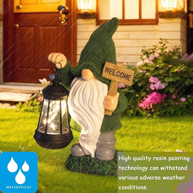 Garden Gnome Statue Solar Light Outdoor Decorations Figurine Welcome Sign with Lantern Sculpture Garden Decor Lawn Patio Yard Porch Outside Housewarming Gifts for Women Mom Grandma