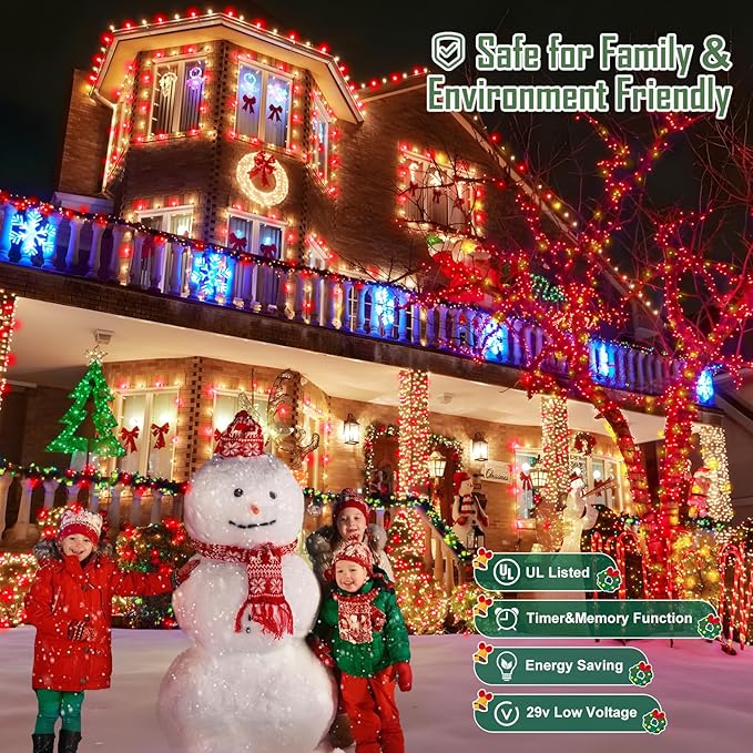Heceltt 1140 LED 449 FT String Lights Outdoor, 8 Modes Christmas Lights Plug in, IP44 Waterproof Led String Lights with Timer and Memory for Xmas Yard Party Decorations (Red and Warm White)