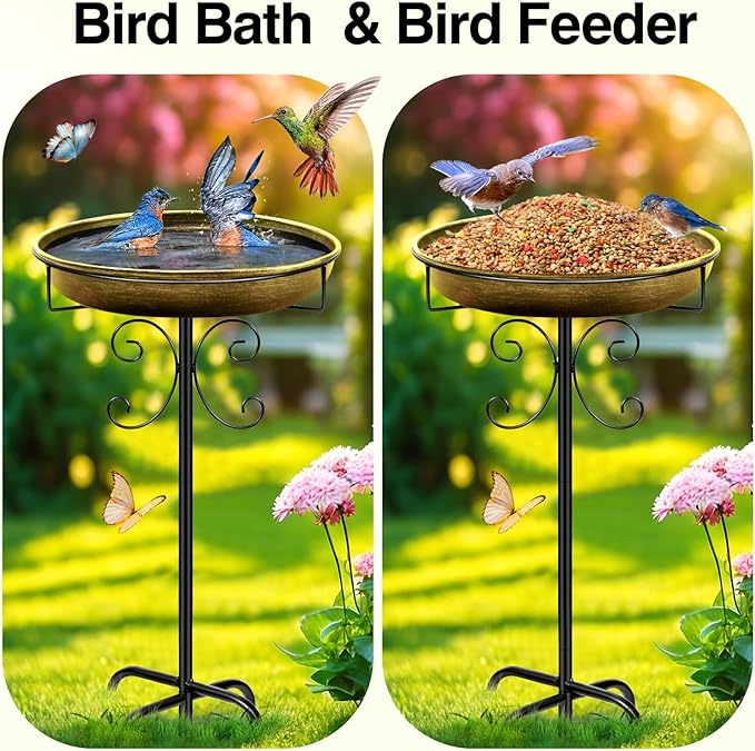 Daoeny 35In Metal Bird Bath for Outside, Vintage Bird Bath Bowl, Detachable Birdbath & Birdfeeder with 5 Prongs Base Stake, Bird Baths for Outdoors Garden Yard Lawn Decor (Antique Golden)