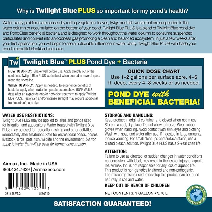 Airmax Pond Dye Plus, Twilight Blue Colorant & Natural Beneficial Bacteria, Large Pond & Lake Water Clarifier & Color Treatment, Shade Plants & Algae from Sunlight, Fish & Livestock Safe, 4 Gallons