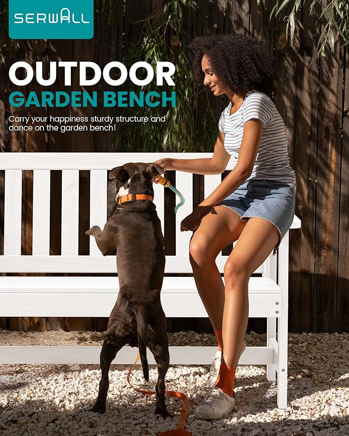 SERWALL Outdoor Bench, HDPE Outdoor Benches Weatherproof, 2-Person Garden Bench with 660 lbs Weight Capacity, Patio Benches for Outdoors, Garden, Porch, Backyard and Park, White, 2 Pack