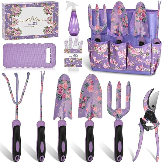 Gardening Tools, WisaKey 10 Piece Heavy Duty Purple Garden Tools Set with Non-Slip Ergonomic Handle, Durable Fashion Garden Tool Organizer HandBag, Ideal Gardening Hand Tools Gardening Gifts for Women