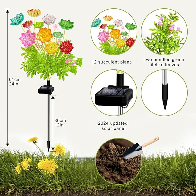 Kohlrabi Solar Garden Lights Outdoor, Upgraded 4 Pack Succulent Solar Lights, Gardening Gifts for Women, Succulent Plant Yard Decor Waterproof for Lawn Patio Pathway
