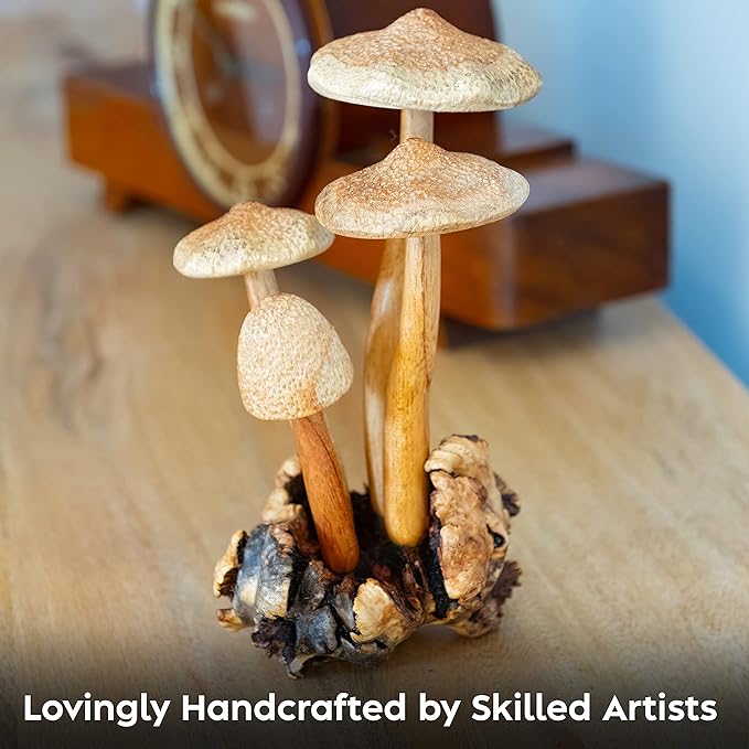Curawood Wooden Mushrooms Sculpture for an Ornate Touch - Handcrafted 9" Mushroom Statue with Intricate Details - Authentic Garden Mushrooms Decorative Centerpiece - Artisan Cottagecore Mushroom Decor