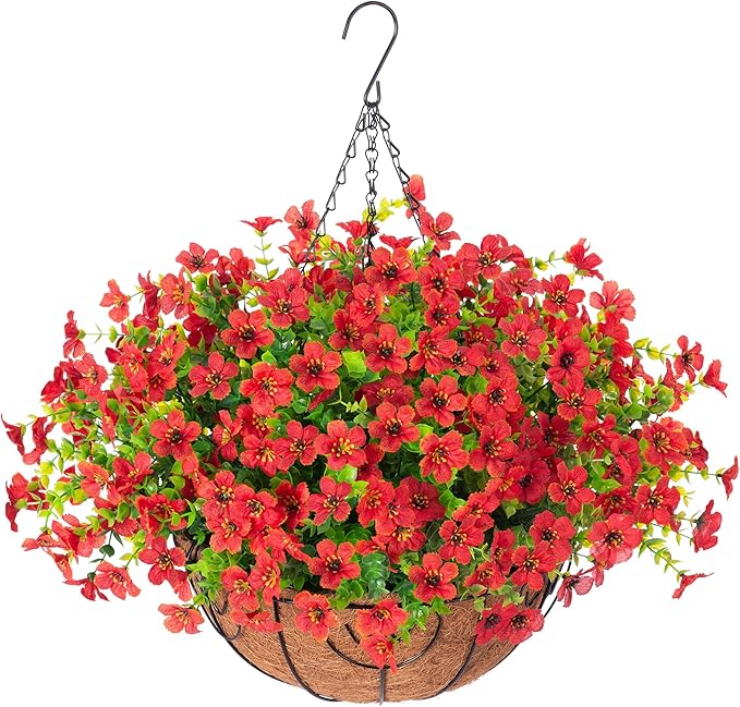 Artificial Fake Hanging Red Plants Flowers Basket for Outdoor Fall Winter Christmas, Faux Silk Daisy Mums Look Real UV Resistant for Outside Porch Home Patio Garden Yard Decoration