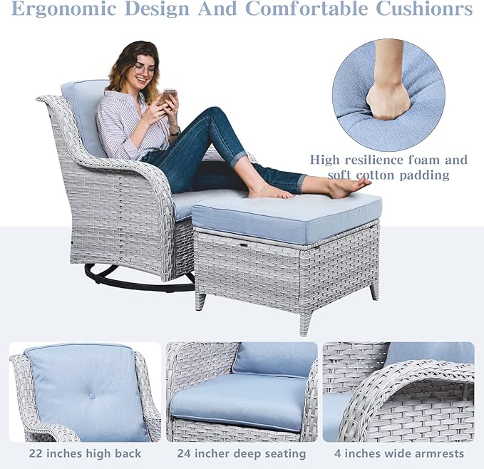 Outdoor Swivel Rocker Furniture 5 Pieces Patio Wicker Furniture Sets, Rattan Patio Swivel Glider Chairs with 2 Ottoman and Glass Side Table