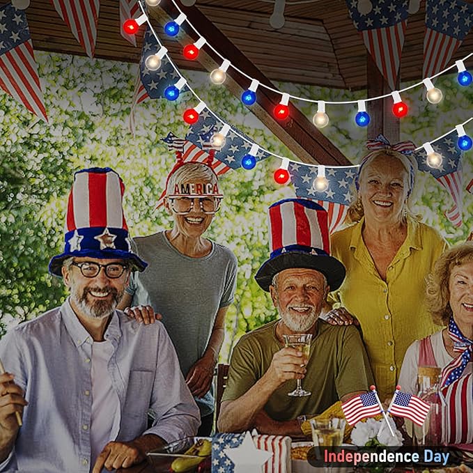 4th of July Decorations Lights Outdoor, 25Ft Red White and Blue Lights with 25 G40 Light Bulbs, Plug in G40 Patriotic Light for Indoor Independence Day Party Memorial Day-White