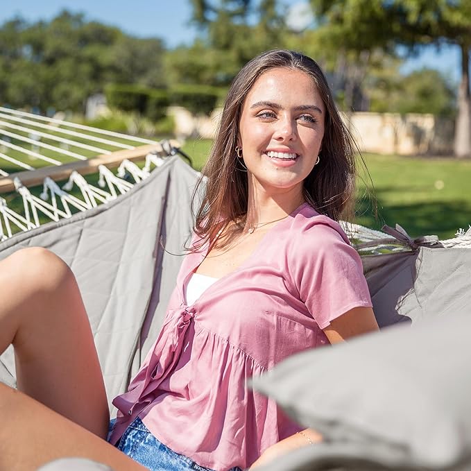 ANOW Double Rope Hammock with Stand 12FT, Heavy Duty Hammock with Polyester Pillow and Pad, 450 LBS Weight Capacity, Light Grey