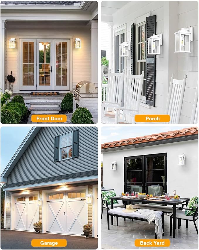 VIANIS White Outdoor Wall Lights, Dusk to Dawn Porch Lights, Anti-Rust Exterior Lighting Fixtures, Dusk to Dawn Outdoor Lighting with Tempered Glass for House, Porch, Garden, Hardwired, Non-Solar