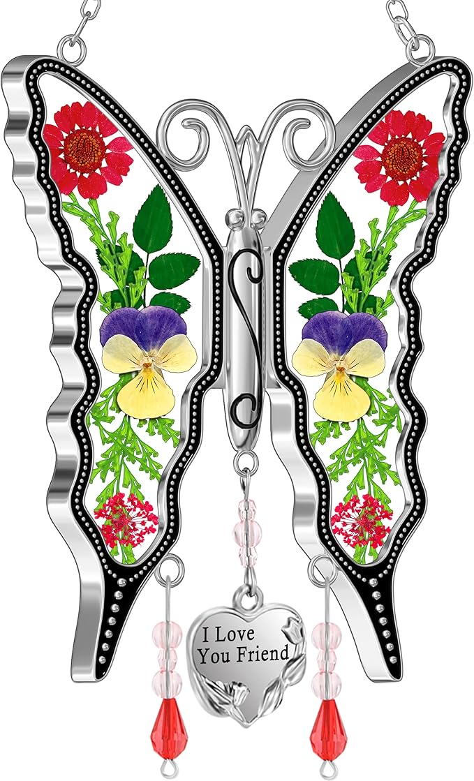 KY&BOSAM Butterfly Suncatcher I Love You Friend Stained Glass Butterfly Suncatchers Hanging for Window Wind Chime Car Charms Gifts for Friend Mother`s Day Valentine's Birthday Christmas Thanksgiving