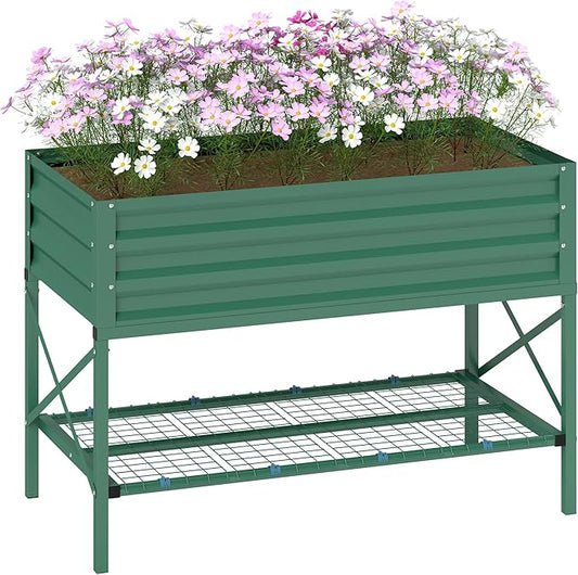 Outsunny Raised Garden Bed with Galvanized Steel Frame, Storage Shelf and Bed Liner, Elevated Planter Box with Legs for Vegetables, Flowers, Herbs, Green