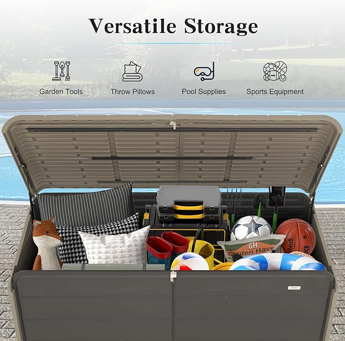 Domi 200 Gallon Resin Deck Box, Waterproof & UV-Resistant Outdoor Large Storage Box Lockable Storage Bin for Patio Cushions Pool Supplies Garden Tools and Delivery Storage