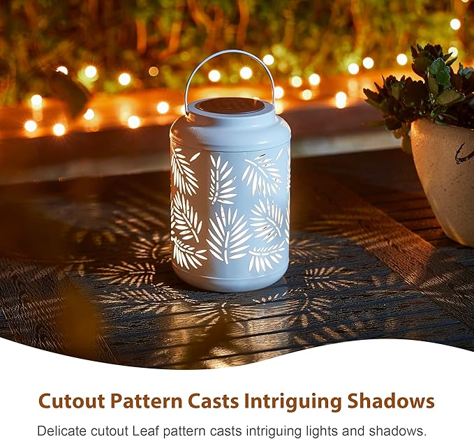 Glitzhome Solar Lantern White Metal Cutout Leaf Outdoor Hanging Solar Light with Handle for Garden Patio Yard Outdoor Decor
