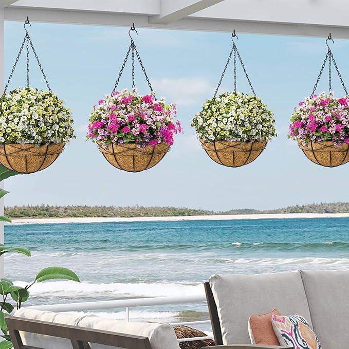 2 Pack 20 Inch Extra Large Deep Hanging Planters for Outdoor Plants Watering Hanging Baskets Flower Pots with Coco Liners Metal Hanging Plant Holder for Porch Balcony Garden Decor