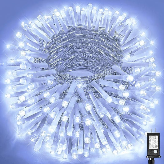 99ft 300 LED String Lights Indoor - White Christmas Lights Outdoor Waterproof Clear Wire, 8 Modes Connectable Twinkle Fairy String Lights Plug in for Outside Room Bedroom Party Wedding Decorations