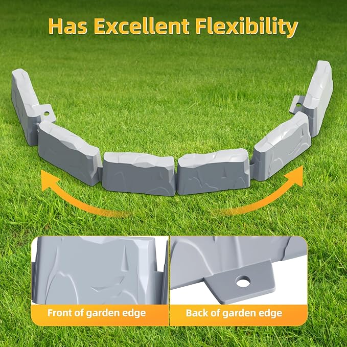 16 Pack(24FT) Landscape Edging w/ 48 Spikes | Flexible Plastic Border for Outdoor, Walkway, Lawn & Weed Control | 24" L x 3" H Faux Stone Edging for Landscaping,Garden Edging Border Stone(Gray) ﻿﻿